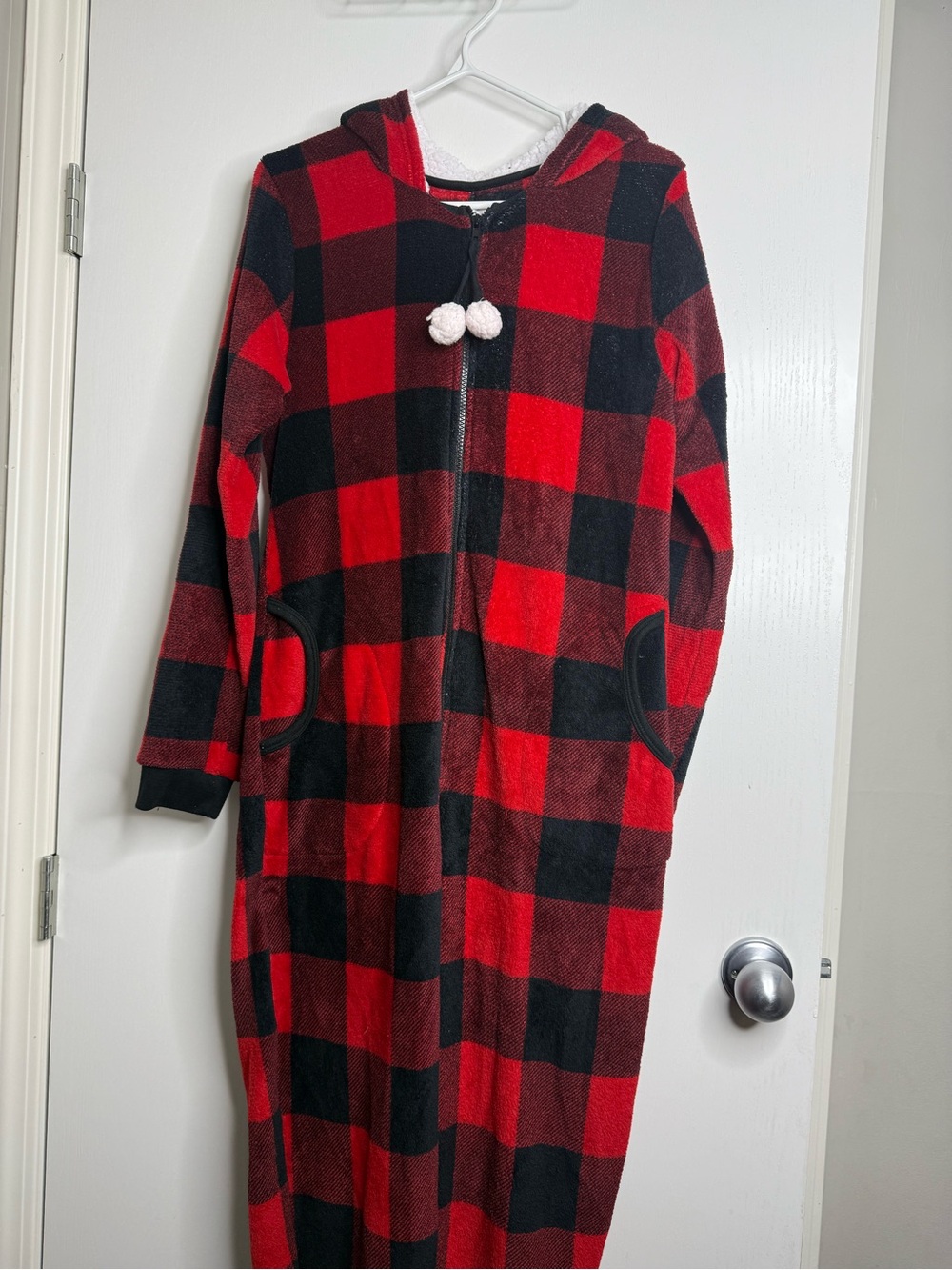 Women's Red and Black Buffalo Plaid Hooded Pajama Onesie Large